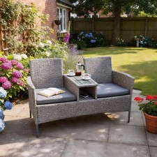 Image of Lovelle Grey Rattan Love Seat Bench Table Garden Furniture 2 Seats Garden Patio