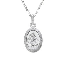 Small oval silver St Saint Christopher pendant necklace with 16" chain and box
