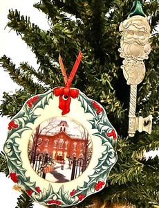 2 Longaberger Ornaments:Pewter Santa Key 2002, Porcelain 1800s Headquarters 1996