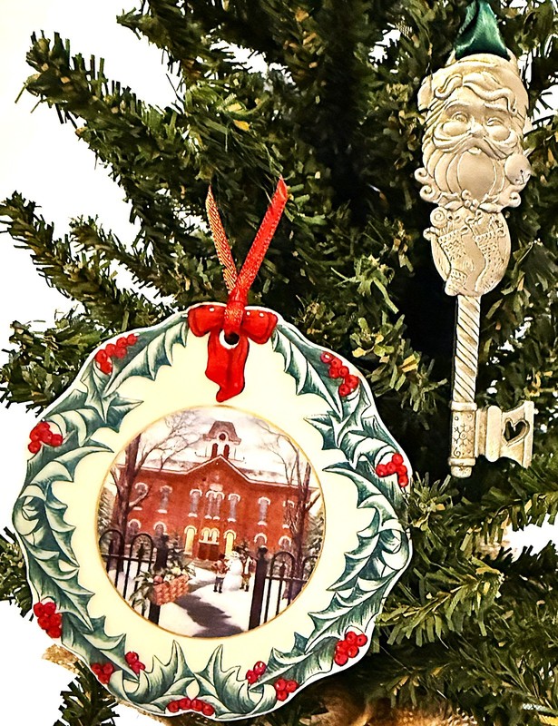 2 Longaberger Ornaments:Pewter Santa Key 2002, Porcelain 1800s Headquarters 1996