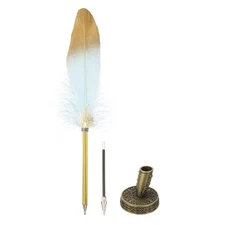 Feather Pen Quill, Feather Ballpoint Pen with Bronze Pen Holder, Sky Blue