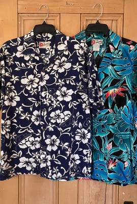 Hilo Hattie Mens Vintage Y2K (2) SET Hawaiian Floral Shirts Sz Large Blue SP EXC