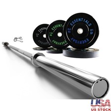 Olympic Bumper Plate Weight Set 160lbs with 7ft Barbell  Clips Heavy Lifting