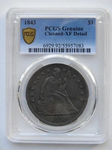 1843 SEATED LIBERTY DOLLAR PCGS XF DETAIL, CLEANED