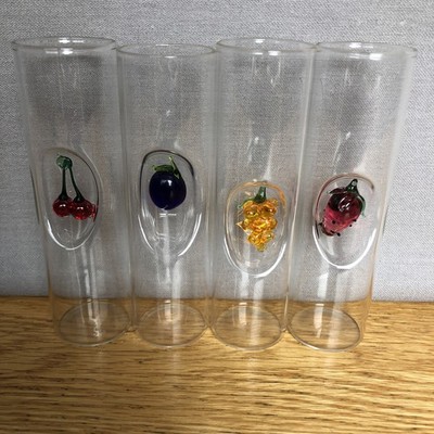 Set Of 4 Vintage Murano Shot glasses Clear With Mixed Fruit 3D Hand Blown Signed