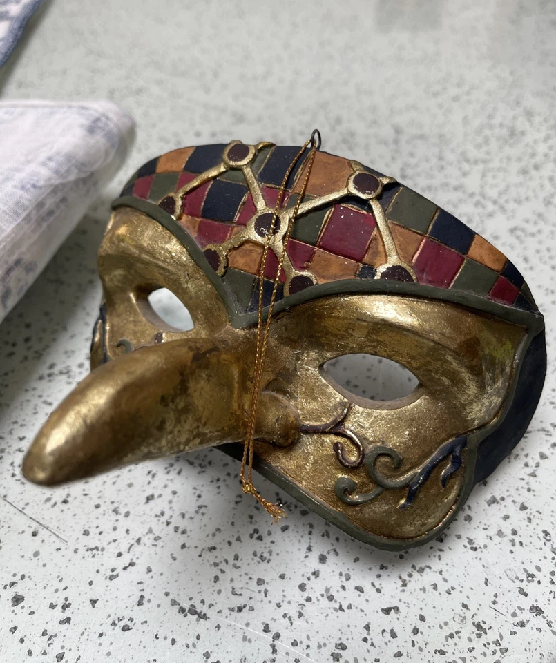 Máscara de Mardi Gras de Carnaval Veneciano de Colección Hecha a Mano en Italia Dorada y Multicolor Usada en Excelente Condición Foto 3 de 4