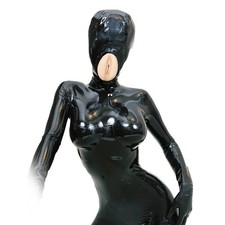 Womens Latex Full Cover Bodysuit with Vagina Hood Gloves Rubber Catsuit 0.4mm US