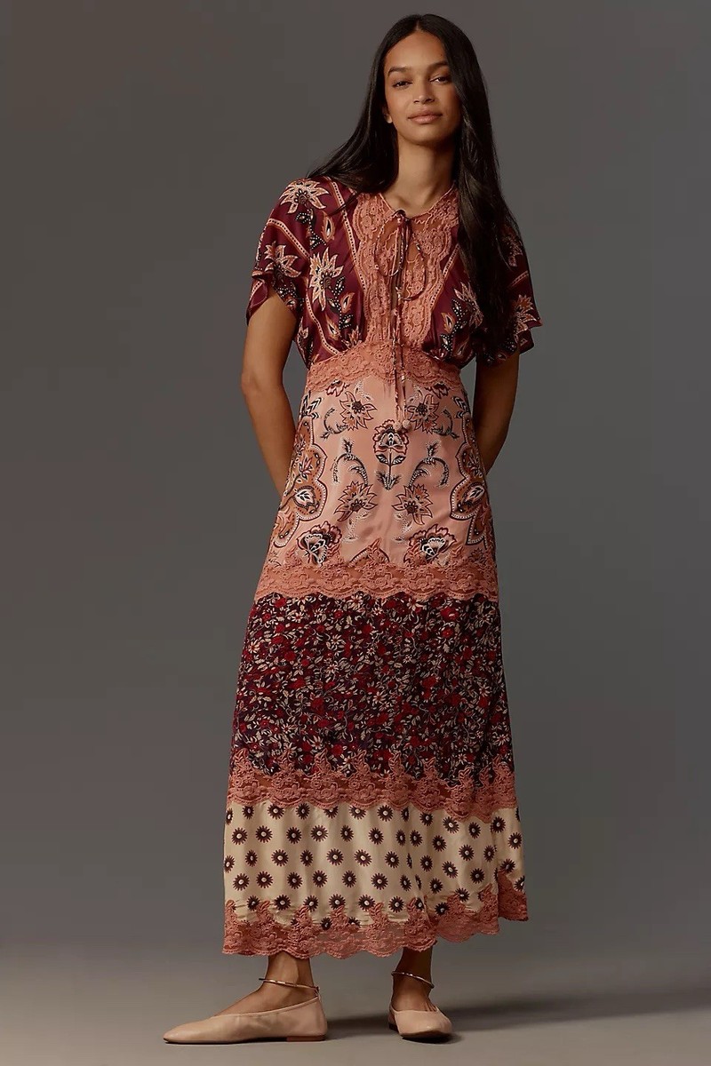 glam tapestry burgundy laces short sleeve maxi dress Anthropologie Farm Rio Short-Sleeve Size S Floral lace crochet fabric