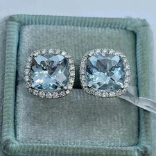 Women 2Ct Cushion Cut Lab Created Aquamarine Stud Earrings 14K White Gold Plated