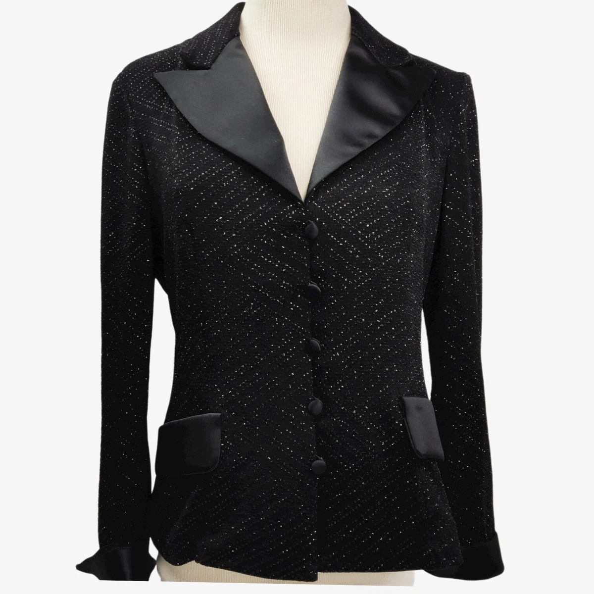 Vintage 1980s 90s ALEX Evening Black Jacket Silver Sparkles Satin Cuffs Pocket M