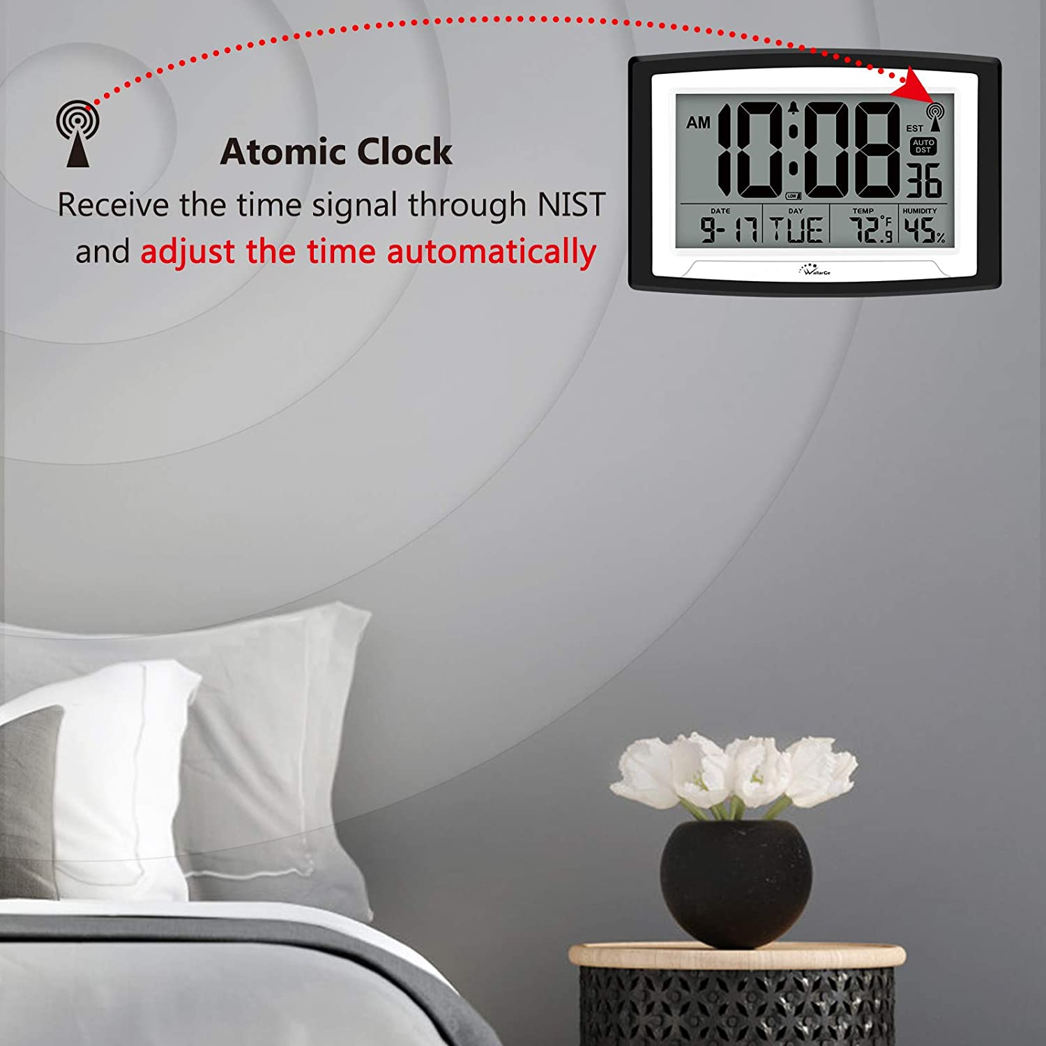 Atomic Clock 12.5 Inch Digital Wall Clock Indoor Temperature Humidity Battery