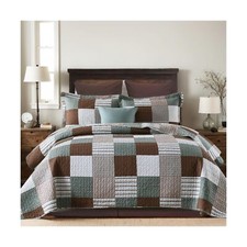 KALOOLA Plaid King Size Quilt Set, 100 Cotton Brown Green King Bedding Set 3...