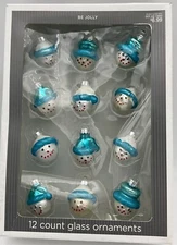 Be Jolly Smiling Snowman Heads Glass 12 Count Mini Ornament Set