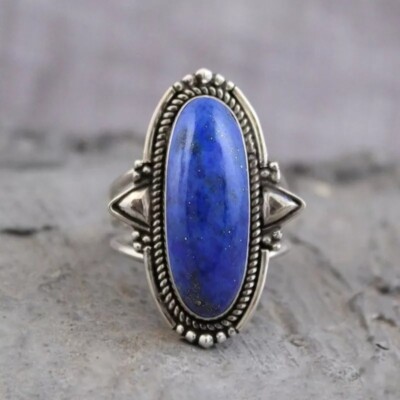 Natural Lapis Lazuli Stone Solid 925 Sterling Silver Women Jewelry Ring