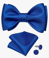 Pre-Tied Bowtie, Hanky,  Cufflinks: Solid Royal Blue Woven LH-7037 