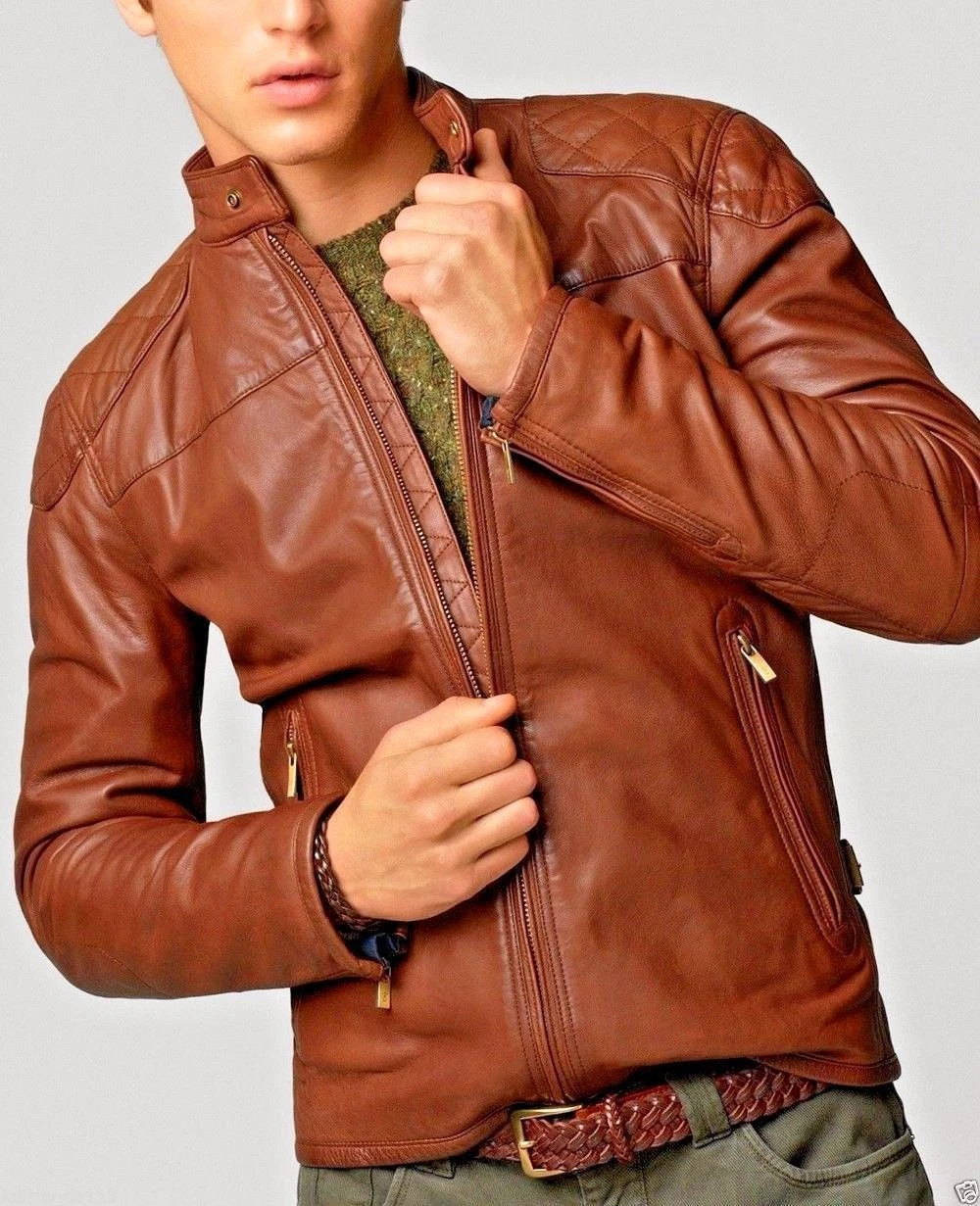 Noora Men's Stylish Lambskin Leather Jacket Motorcycle Slim Fit Biker Jacket
