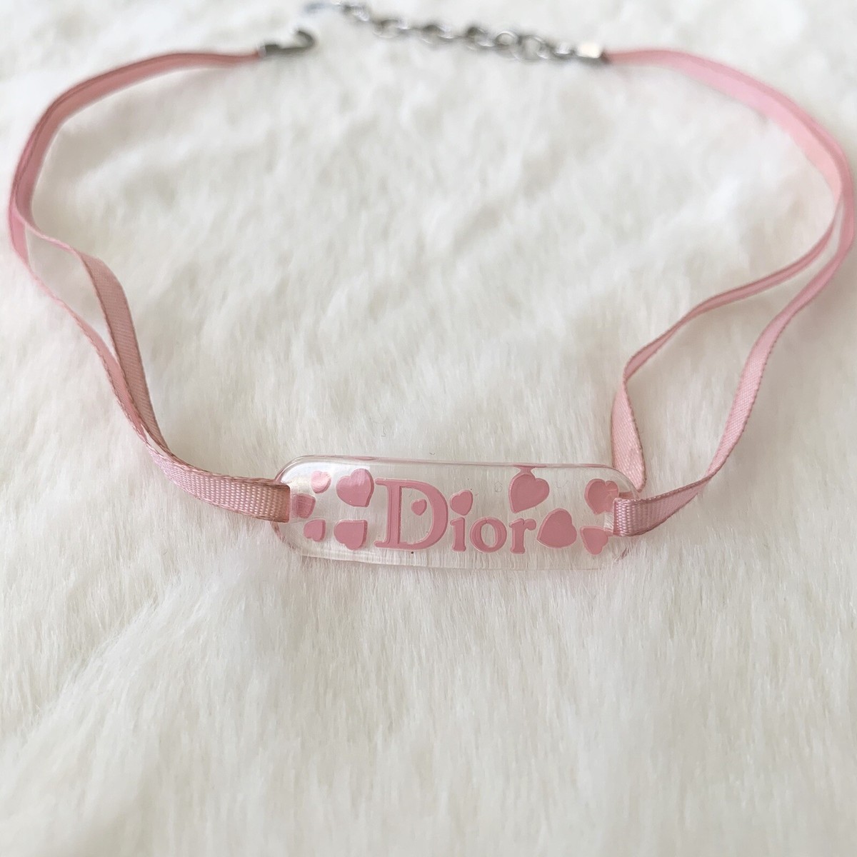 Christian Dior Logo Resin Lucite Pink Heart Ribbon Adjustable Choker  Necklace