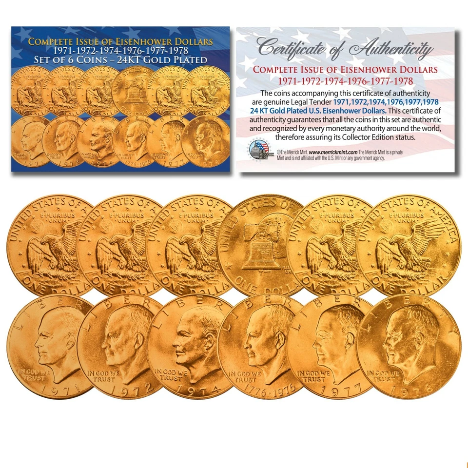 EISENHOWER IKE DOLLARS 24K GOLD Clad 6-COIN Complete Set of 6 Years 1971-1978 - Image 3 of 3