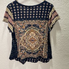 Lucky Brand 1X Tee Navy Blue Medallion Graphic Print Boho Short Sleeve Top