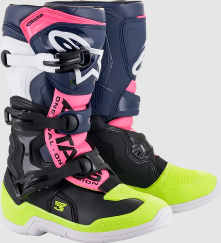 New Alpinestars Tech 3S Boots - Black/Blue/Pink/White/Yellow - US 5 (3411-0592)