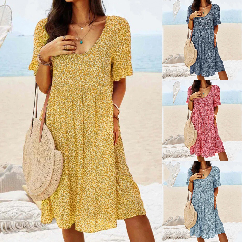 Women Beach Floral Swing Midi Dress Short Sleeve Summer Loose