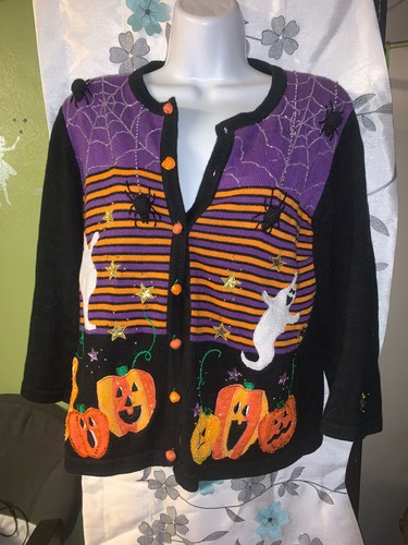 HALLOWEEN SWEATER CARDIGAN GHOST BEADS 