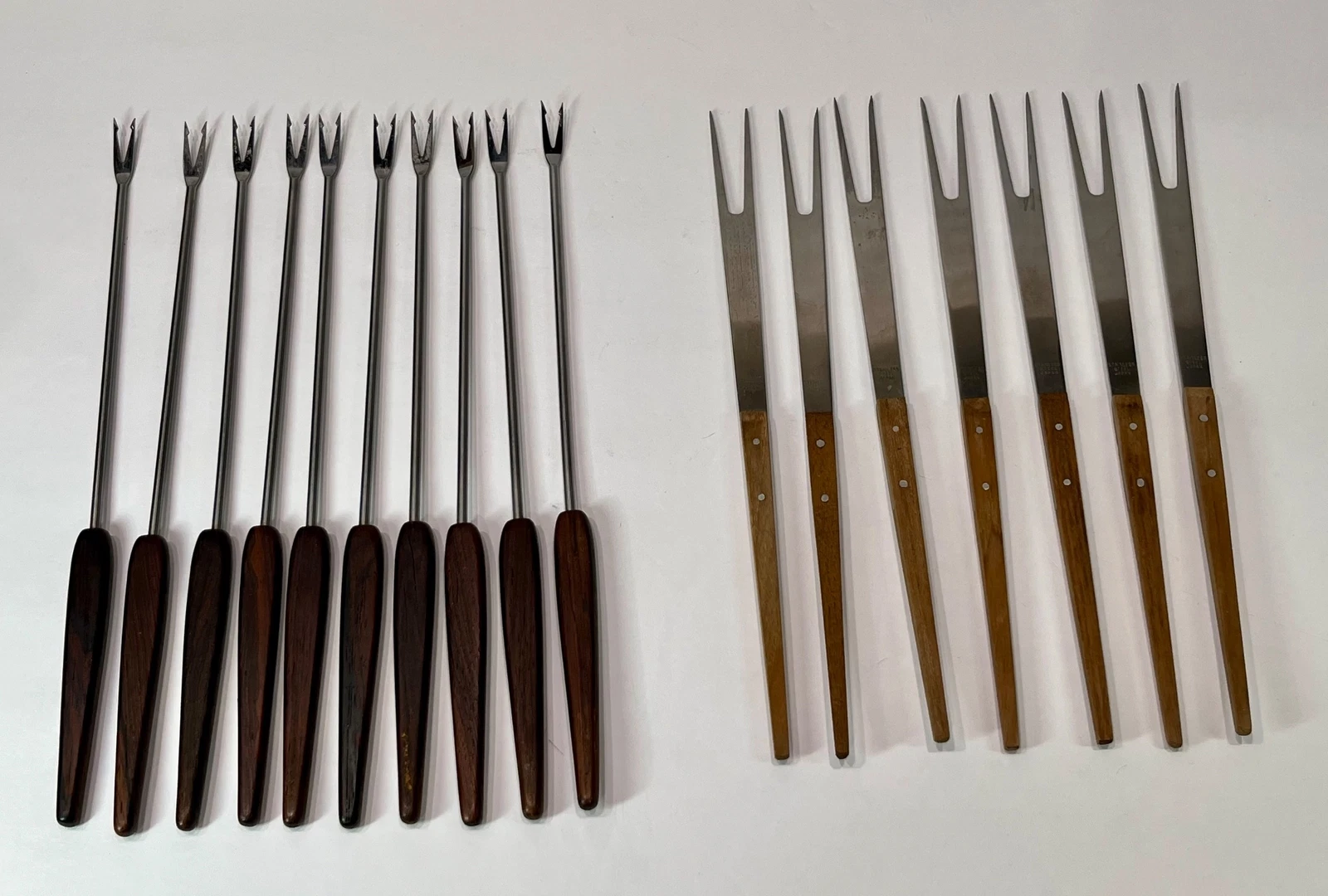 Two Sets of MCM Fondue Forks - 7 Stainless Steel Japan & 10 Rostfrei Wood Handle
