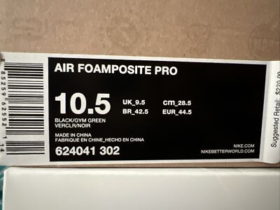 Nike AIR FOAMPOSITE PRO 'Gym Green' Sz 10.5/EUR 44.5 [624041 302