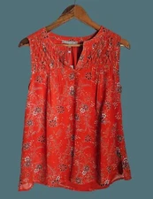 Daniel Rainn Orange Floral Sleeveless Lined Blouse With Pleated Neckline Women S