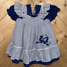 Vintage baby girl apron dress blue gingham bow and flowers