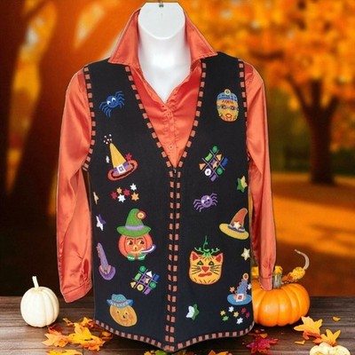 Halloween Sweater Vest Cats Pumpkin Witch Hats Embroidered Sequins