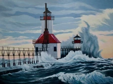 Lighthouse Seascape, Acrylic on Wood Panel, Great Lakes Scene, St. Joseph Light