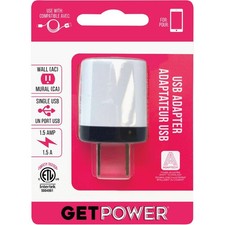 GetPower Single USB to AC White Wall Adapter Charger GP-ACETL-BLK GetPower