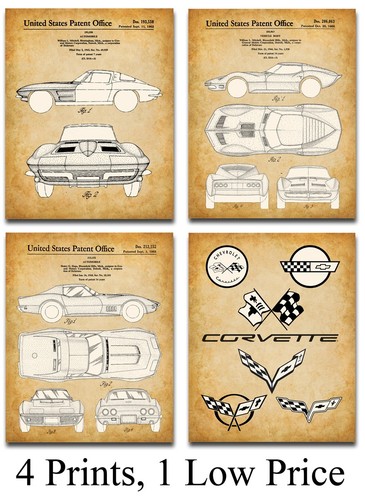 Corvette Patent Prints Set of 4 – 8x10 Unframed Posters for Man Cave Car Lovers - Picture 2 of 7