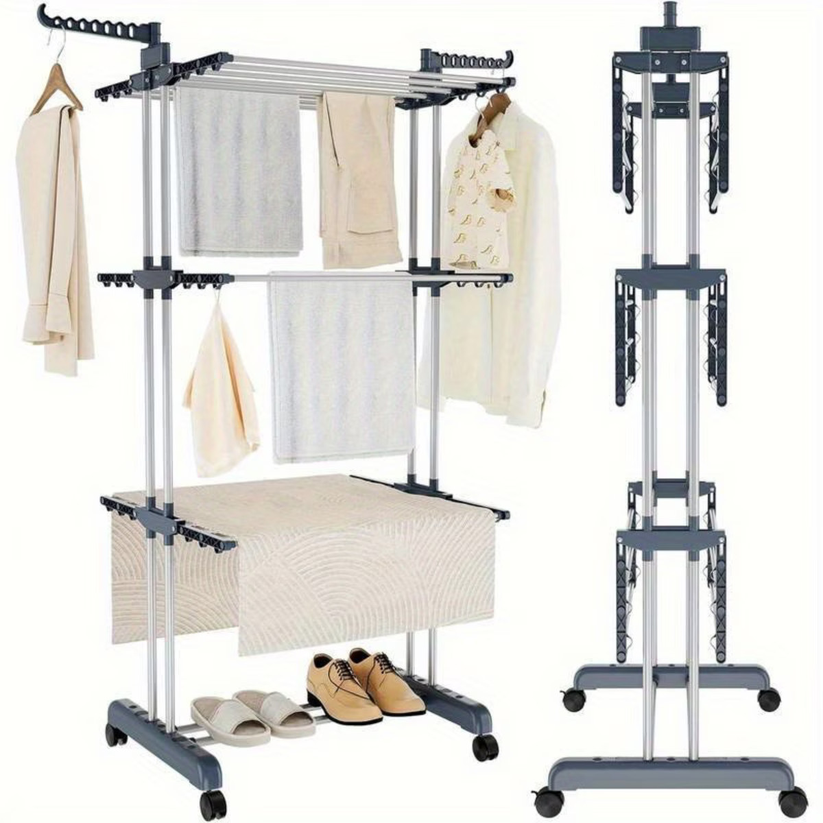 Séchoir à linge pliable en métal gris anthracite à 3 niveaux sur roulettes