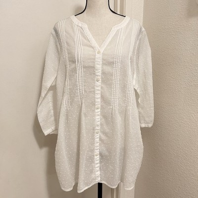 Croft & Barrow Top Womens 1X White Swiss Dot Pintuck Tunic Cotton Boho Blouse