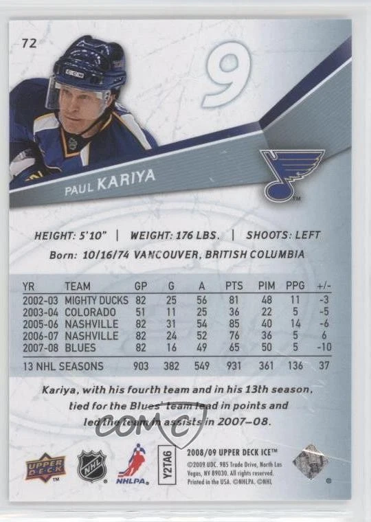 2008-09 Upper Deck Ice Paul Kariya #72 HOF - Image 2 of 2