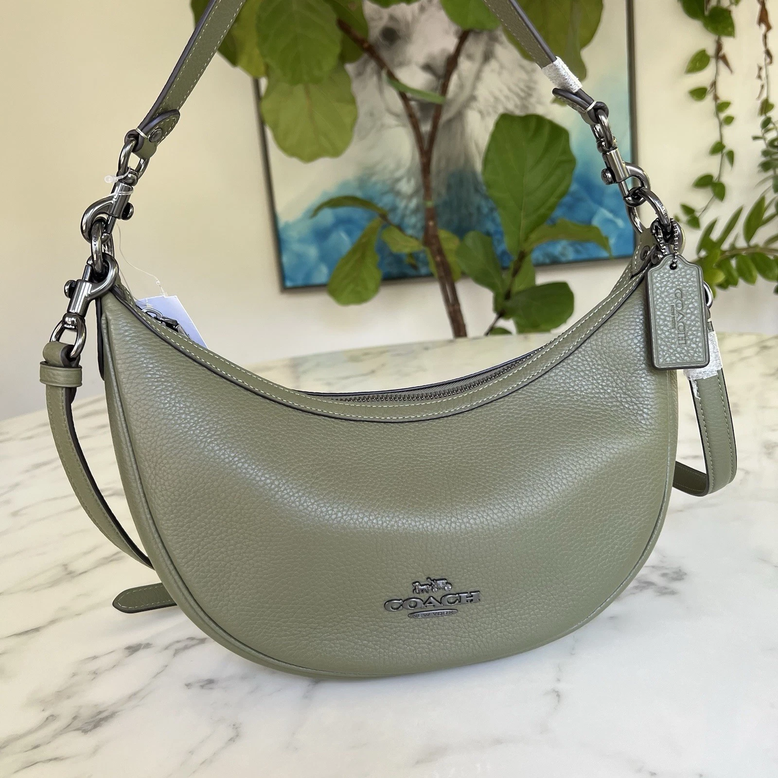 Borsa a tracolla Coach Aria nuova con etichette verde militare pelle ciottoli CO996 $378