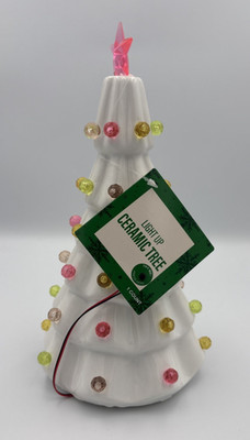 New FESTIVE VOICE White Pastel Light Up Ceramic Christmas Tree 9 1/4''H Pink Star