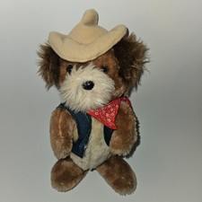 VTG 1981 Dakin Brown Dog Cowboy Plush 11" Stuffed Animal Denim Vest Red Bandana