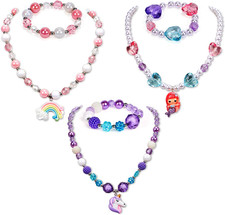 G.C 3 Sets Girl Princess Necklace Bracelet with Colorful Unicorn Mermaid Rainbow