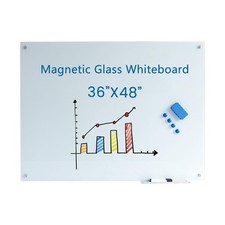 Glass Whiteboard 48"X36" Magnetic Glass White Board Frameless Wall Mounted Dr...