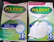 2 Boxes Of Polident Overnight Whitening Denture Cleanser. 84 Per Box + Extra