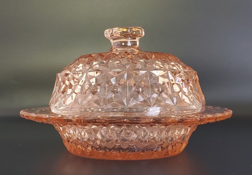 VINTAGE PINK DEPRESSION ORIGINAL COVERED GLASS BUTTON BOW BUTTER DISH - Picture 3 of 11
