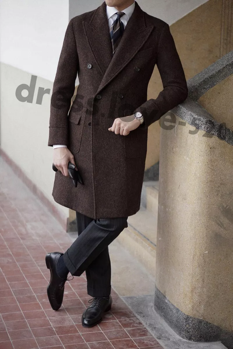 Brown Herringbone Long Jacket Double-breasted With Back Belt Men Formal  Overcoat