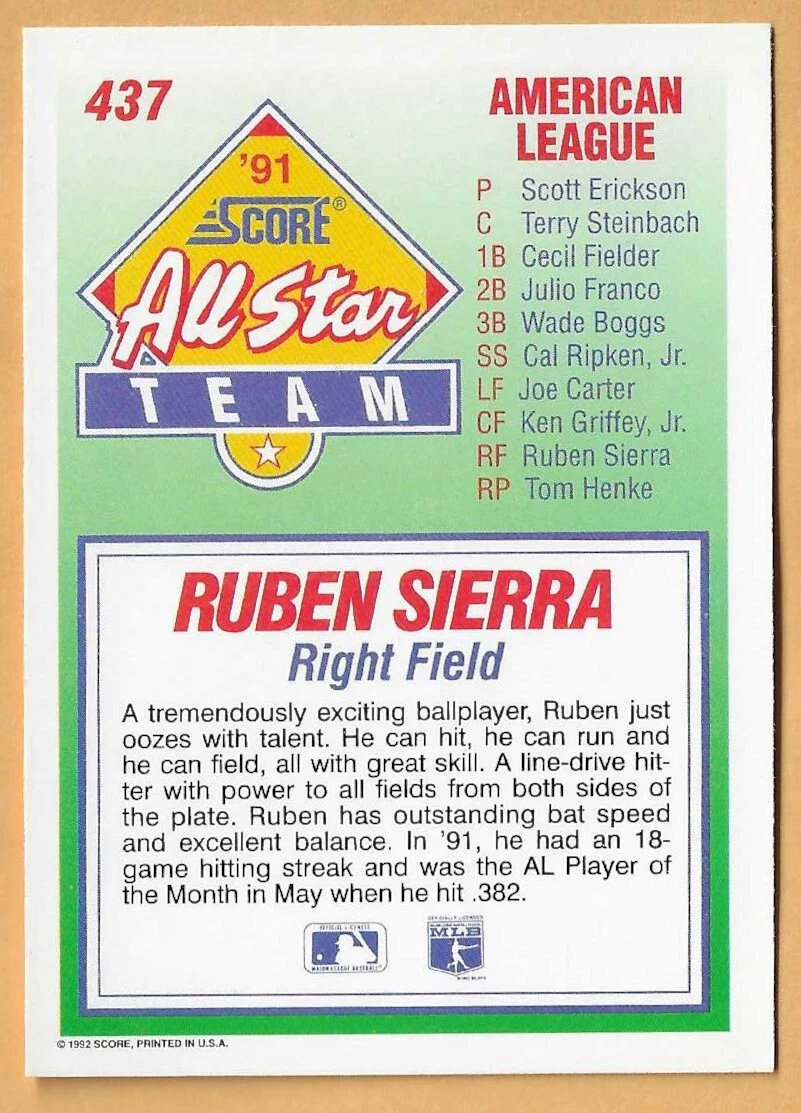 RUBEN SIERRA TEXAS RANGERS AMERICAN LEAGUE ALL STAR #437 - SCORE NM-MT 1992  | eBay