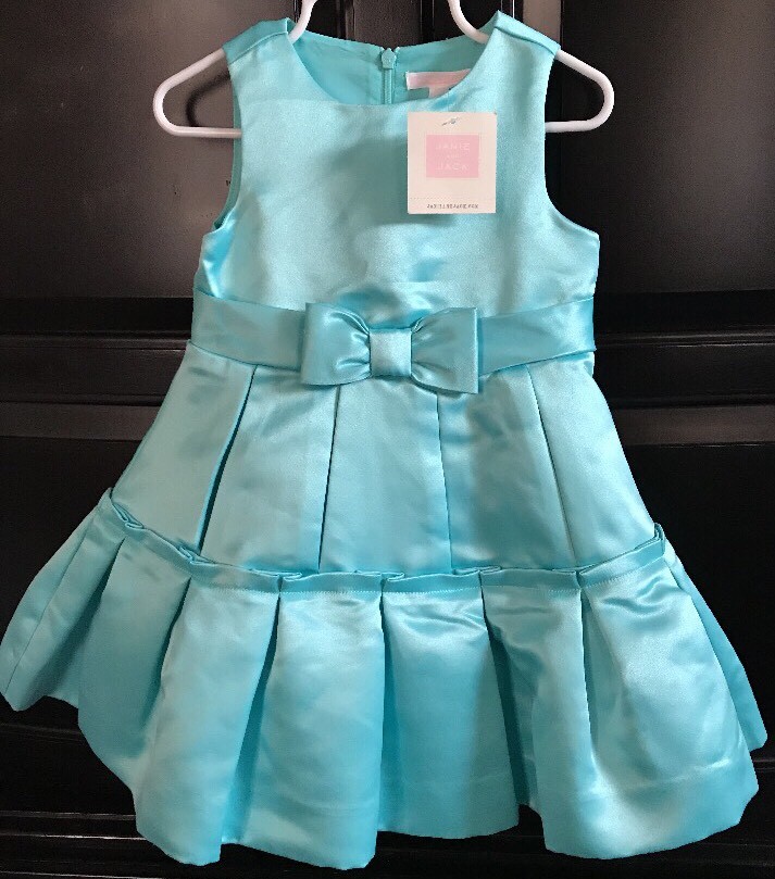 NWT Janie and Jack High Tea Holiday Pleated Satin Dress Aqua Blue