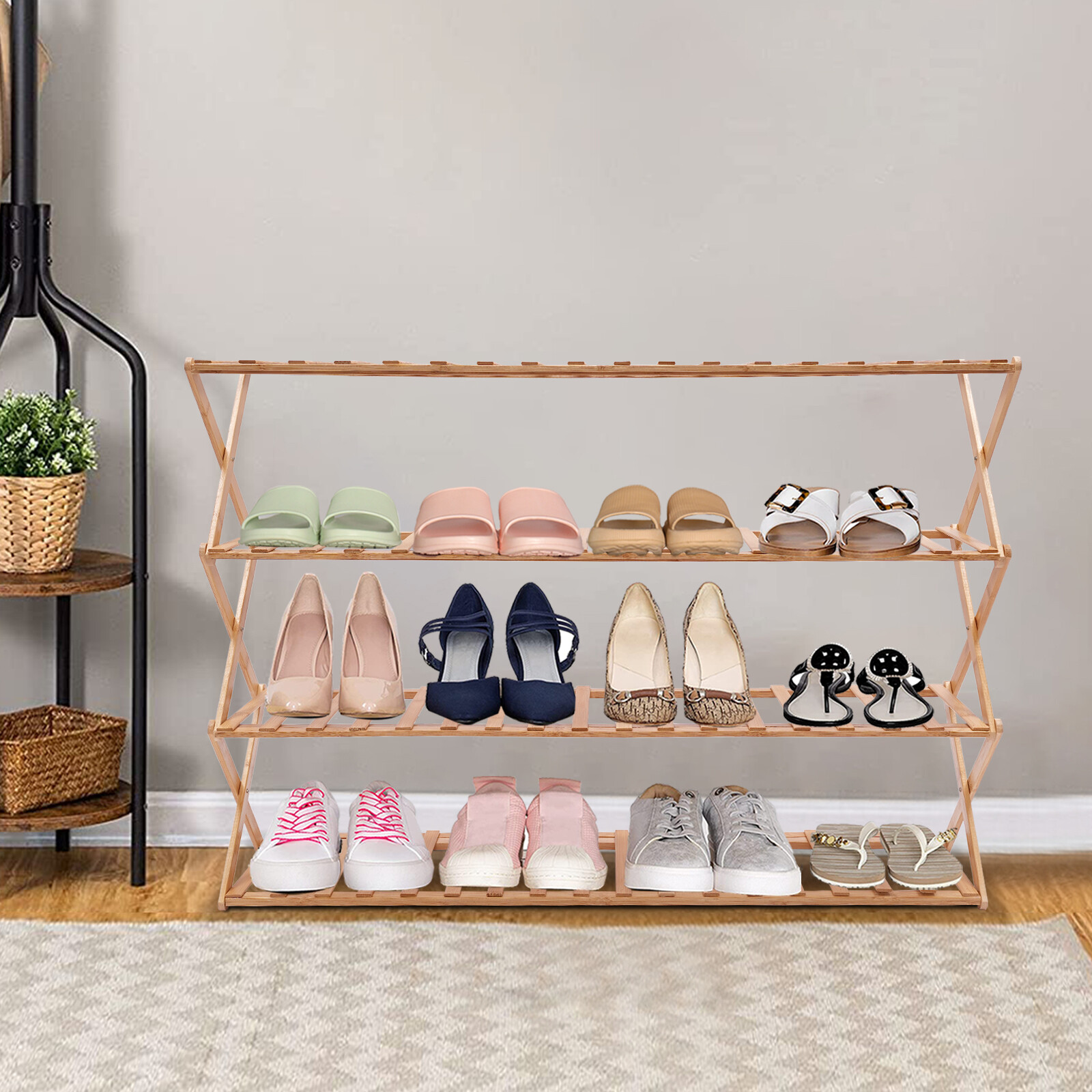 4-Tier Foldable Bamboo Shoe Rack for Living Room Hallway Closet