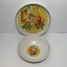 Vintage 1975 The First Years Child’s Dish Set Melamine Plate & Bowl Bunny Rabbit