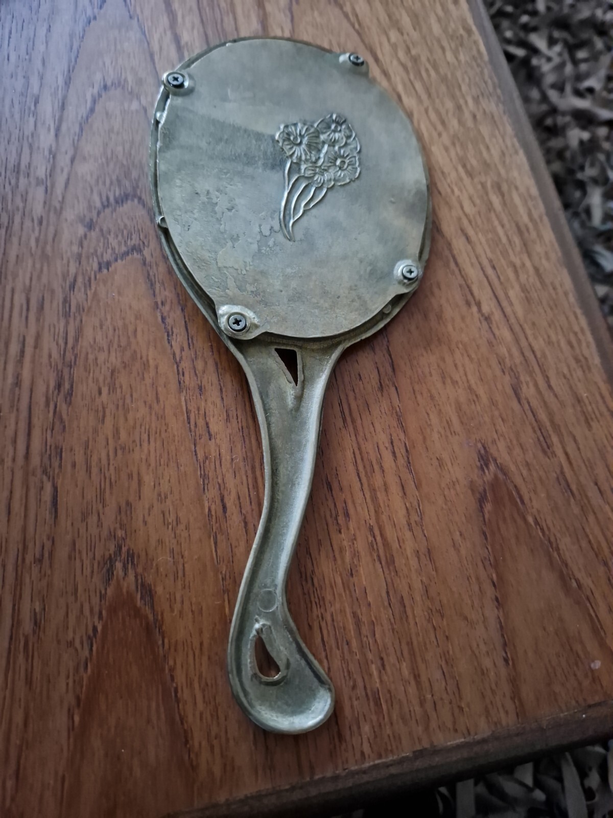 Vintage brass hand held mirror with 3d Woman figure, Art Nouveau, VG